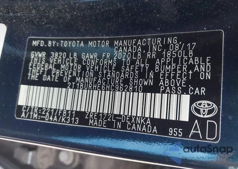 2017 Toyota Corolla Le z USA, uszkodzony, nr VIN 2T1BURHE6HC962810